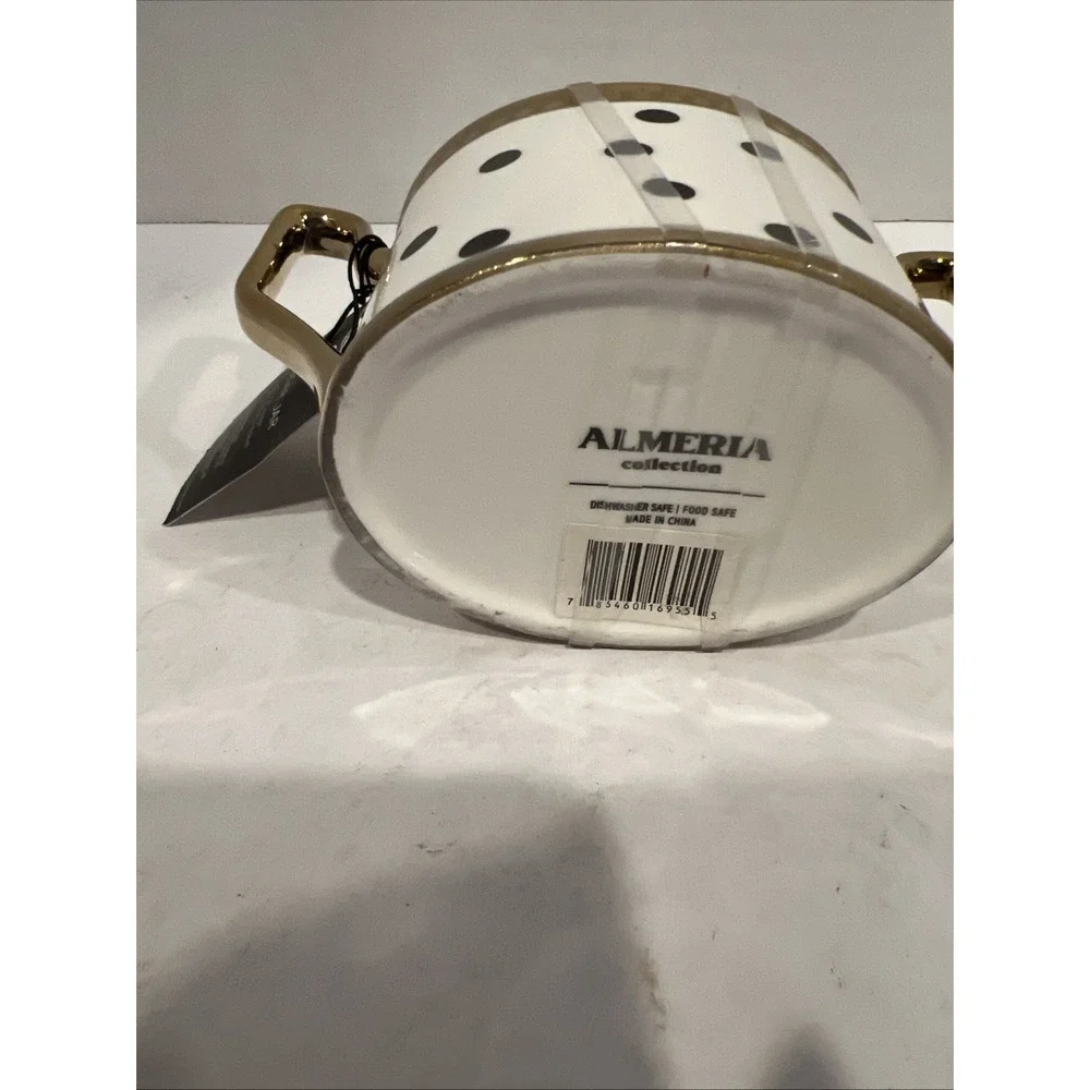 Almeria Collection White Black Polka Dot Sugar‎ Jar Gold Accents Lid New